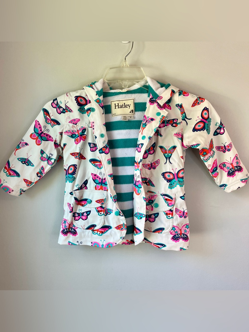 Hatley White Butterfly Print Raincoat with Teal Stripe Lining